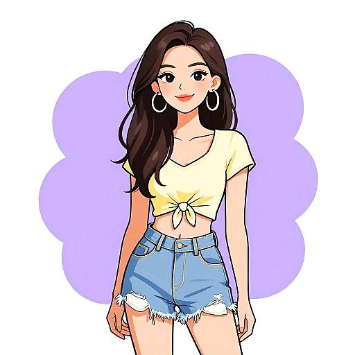 Digital illustration of a smiling young woman with long brown hair, wearing a tied yellow crop top and frayed blue denim shorts, large hoop earrings, against