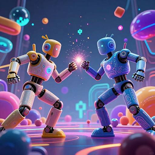 CGI image of two neon-colored robots boxing in a vibrant, futuristic arena with floating spheres and glowing icons. One robot is yellow and white, the