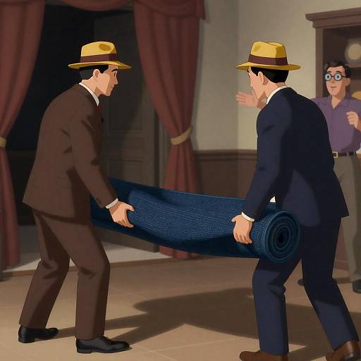 Vintage Men Lifting Rolled Carpet Indoors