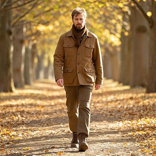Photograph of a bearded man with brown hair, wearing a brown jacket and pants, walking on a sunlit autumn path with golden leaves.