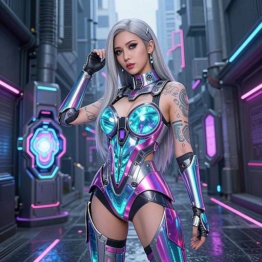 Digital art: Cyberpunk-style woman with long silver hair, neon armor, and tattoos, standing in a futuristic, neon-lit alley.