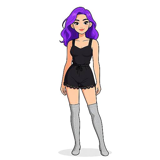 Digital anime-style drawing of a young woman with purple hair, black lace-trimmed romper, and white knee-high socks, standing against a white