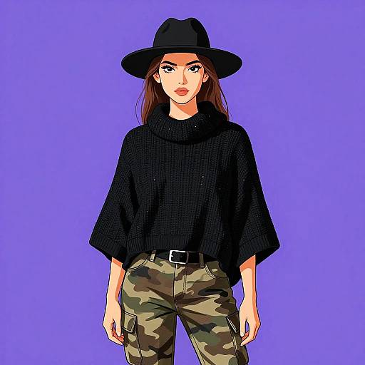 Edgy Woman in Oversized Poncho and Camouflage