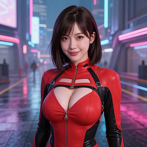 Digital CGI of an Asian woman with short black hair, wearing a red and black latex bodysuit with a zipper, standing in a neon-lit