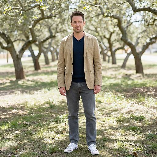 Photograph of a handsome, brown-haired man in a beige blazer, black V-neck shirt, gray jeans, and white sneakers, standing in a