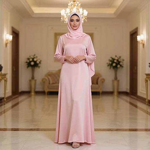 Photograph of a woman in a pale pink hijab and long dress, standing in an elegant, well-lit hallway with chandelier, floral arrangements