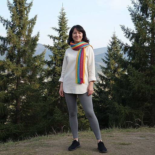 Photograph of an Asian woman with shoulder-length black hair, wearing a white long-sleeve shirt, gray pants, black shoes, and a vibrant