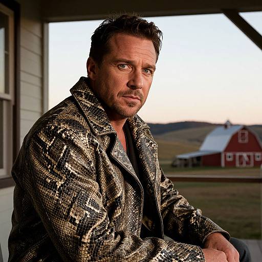 Photograph of a rugged, handsome man with short brown hair, wearing a camouflage jacket, sitting outside at sunset, with a barn and hills in the