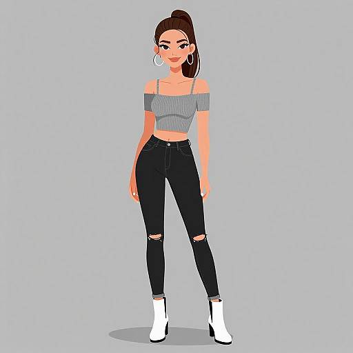 Digital illustration of a young woman with a high ponytail, wearing an off-shoulder gray crop top, black ripped jeans, and white ankle boots