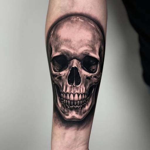 Photorealistic digital tattoo of a detailed, realistic human skull on a pale arm, with dark shadows and a white background.