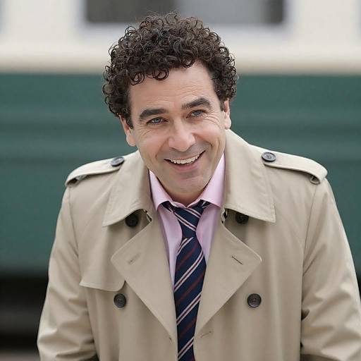 Smiling Middle-Aged Man in Trench Coat