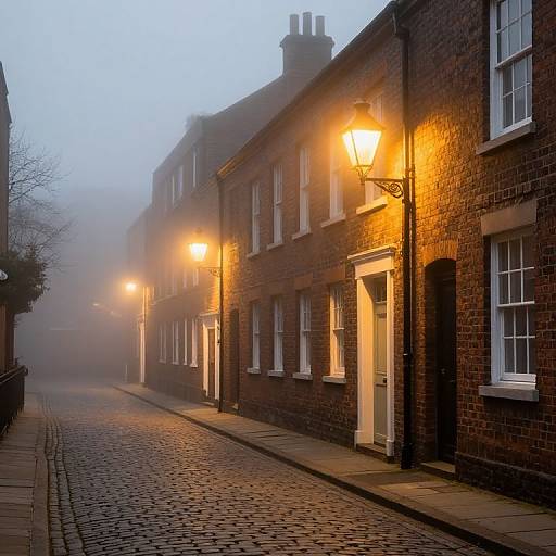 Foggy Cobblestone Streets at Night