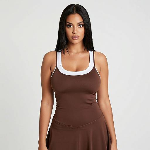 Digital illustration of a confident, dark-haired woman with medium skin tone, wearing a brown tank dress with white straps, standing against a plain white background.