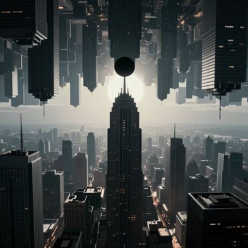 Digital artwork of a futuristic cityscape at sunset, featuring towering skyscrapers with glowing lights, a central sun haloed by buildings, and a dark