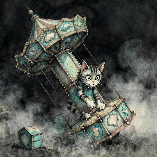 Digital painting of a wide-eyed, striped cat clinging to a steampunk, gem-encrusted, flying machine amidst foggy darkness with scattered
