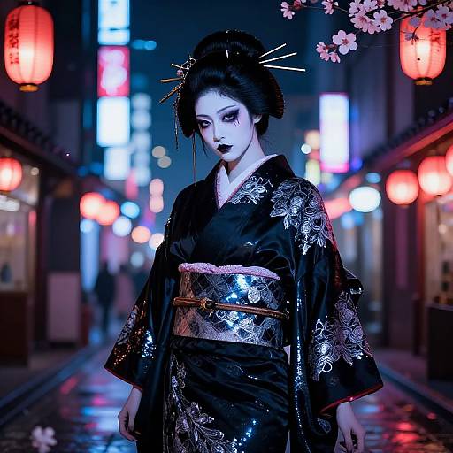 Photograph-style digital art of a pale-skinned Asian woman in a black floral kimono, with dark hair up, wearing hairpins, standing in