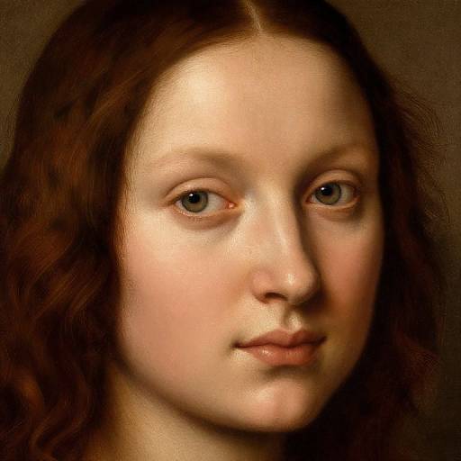 Digital painting of a young woman with fair skin, blue eyes, and wavy brown hair, set against a dark brown background.