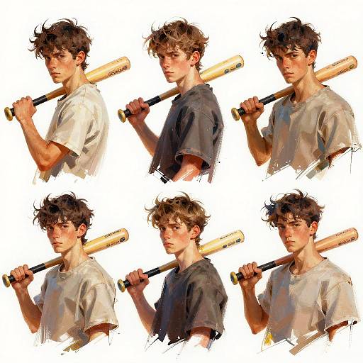 Digital painting of six young men with tousled brown hair, wearing white and black t-shirts, holding a wooden baseball bat, white background.