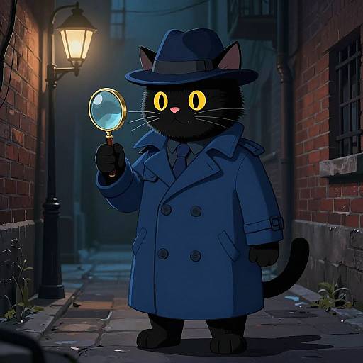 Cartoon black cat in blue trench coat and fedora, holding magnifying glass, stands on dimly lit, narrow brick alley.