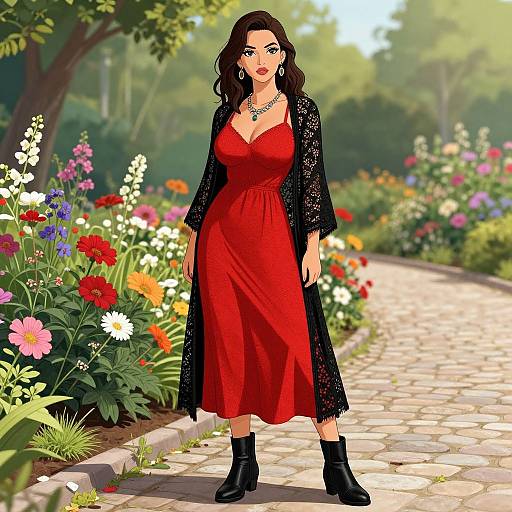 Digital illustration of a curvy woman with long black hair, wearing a red dress, black lace shawl, and black boots, standing on a cob