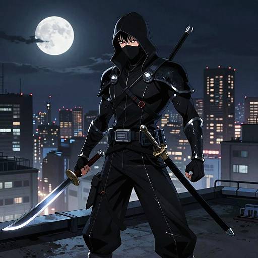 Shadow Assassin on Moonlit Rooftop