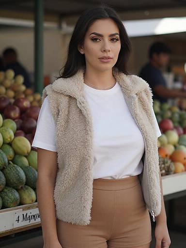 Photograph of a dark-haired woman with olive skin, wearing a white t-shirt, beige fluffy vest, and tan high-waisted pants, standing