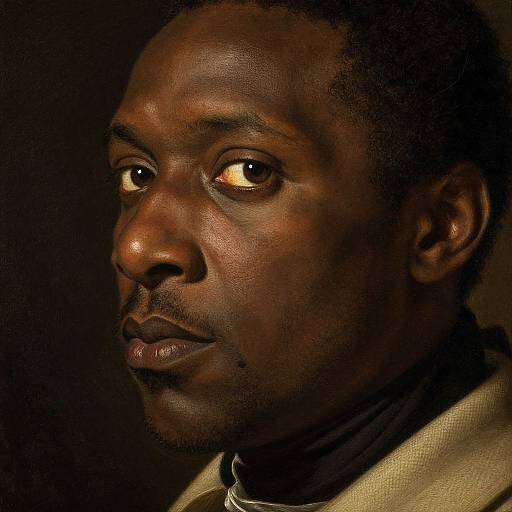 Close-up photograph of a dark-skinned Black man with short hair, intense brown eyes, slight mustache, wearing a beige jacket, against a black