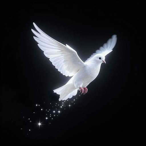 Glowing white dove in mid-flight with outstretched wings, sparkling trail, and black background, exuding a sense of peace and purity.
