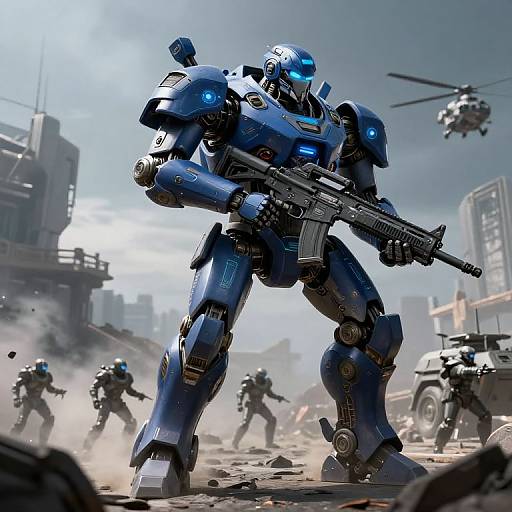 Digital CGI of a towering blue mech warrior with glowing blue eyes, holding a massive rifle, amidst a chaotic urban battlefield with other mechs and a helicopter