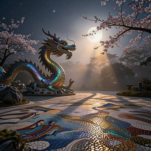 Digital artwork: A glowing, multicolored dragon with intricate scales sits on a mosaic-patterned pond, surrounded by cherry blossoms under a radiant moon