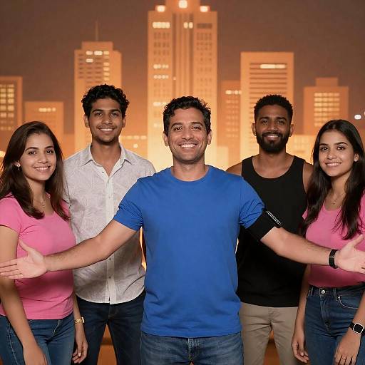 Joyful Gathering Against a Glowing Cityscape