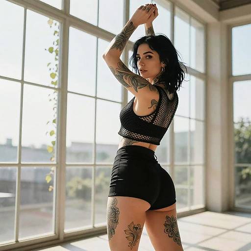 Photograph of a tattooed woman with black hair, wearing a fishnet crop top and black shorts, stretching in a sunlit industrial room with large