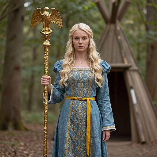 Photograph of a blonde woman in a blue, gold-embroidered dress holding a golden eagle staff, standing in a forest with a wooden tee