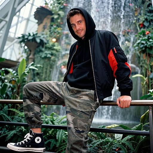 Photograph of a smiling man with dark hair, black hoodie, red accents, camouflage pants, and black sneakers, leaning against a railing in front of