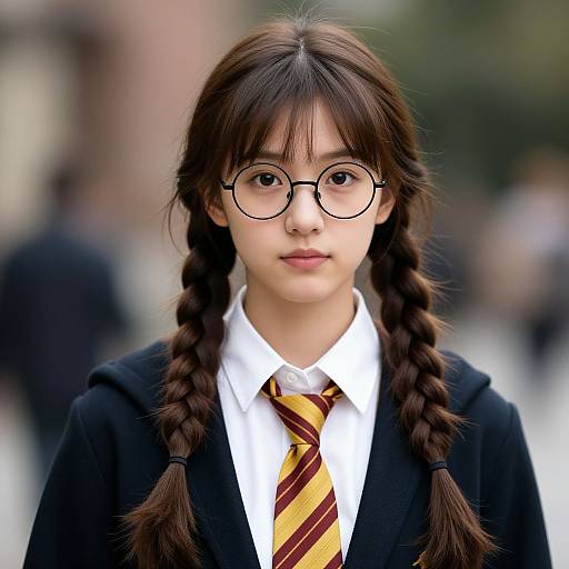 Photograph of an Asian girl with long brown braids, round glasses, wearing a black school blazer, white shirt, and yellow-striped tie,