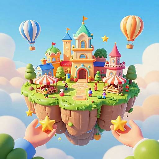 Whimsical, colorful CGI illustration of a floating fairy-tale castle with turrets, balloons, star-shaped decorations, and people on a grassy