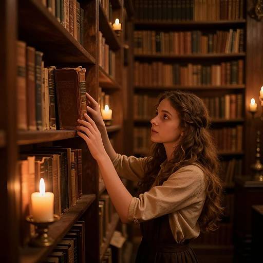 Photograph of a young woman with long, wavy brown hair, wearing a beige blouse, searching through a dimly lit, wooden bookshelf illuminated