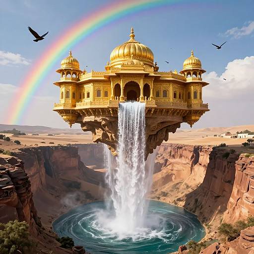 Fantastical golden palace with domes, waterfall, and rainbow over canyon; black birds fly, vivid colors, surreal digital artwork.