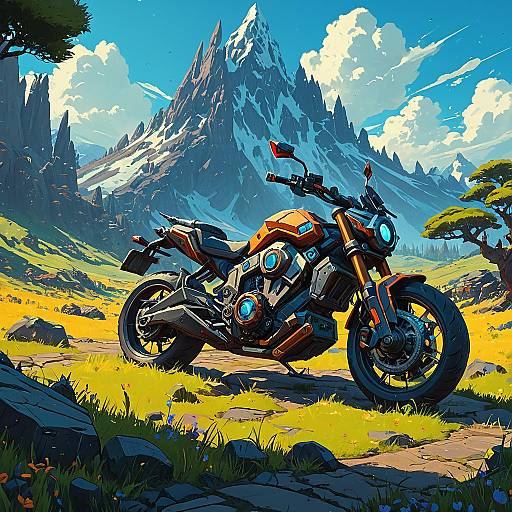 Futuristic Motorcycle in Fantasy Mountain Landscape