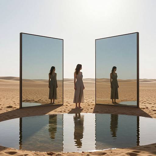 Photograph of a woman in a white dress standing in a desert, reflected in two mirrored panels flanking a circular water puddle. Silhouet