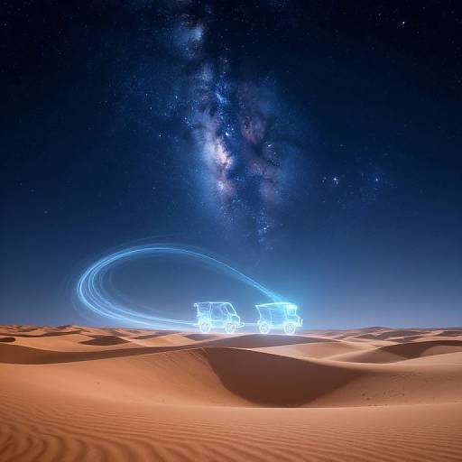 Photograph of a desert night sky with glowing blue light trails forming circular motion around two outlined vehicles on sand dunes, against a backdrop of the Milky