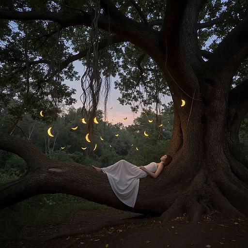 Dreamlike Forest Woman on Inverted Tree