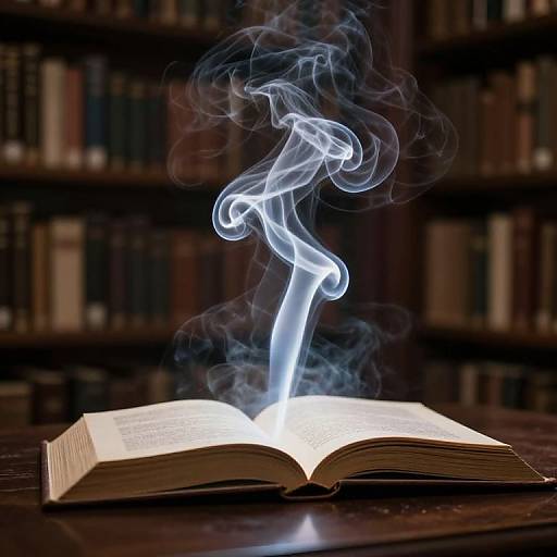 Photograph of an open book emitting blue, ethereal smoke, set against a blurred background of dark wooden bookshelves.