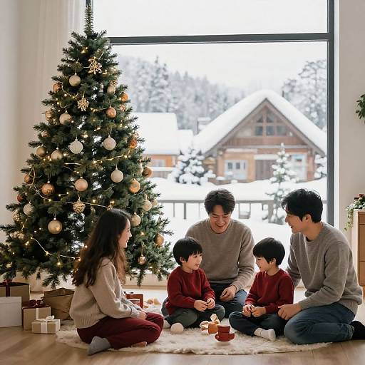Photograph of a Korean family of five sitting by a decorated Christmas tree in a snowy, sunlit living room, opening gifts.