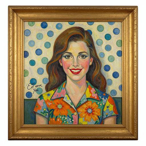Vibrant portrait painting of a smiling woman with red lipstick, brown wavy hair, floral shirt, and blue polka dot background, in an