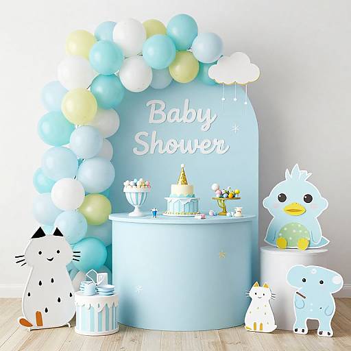 Photograph of a cute, pastel-themed baby shower setup with balloon arch, 