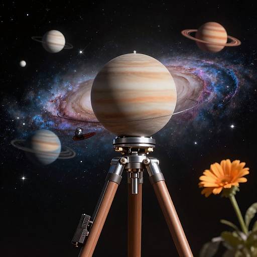 Photorealistic digital artwork of a telescope pointing at a detailed Jupiter, surrounded by Saturn, Uranus, and a galaxy, with a yellow flower in