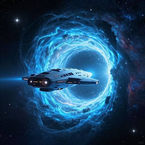 Digital artwork of a futuristic spaceship flying through a glowing, blue, swirling energy vortex in a starry, dark space background.