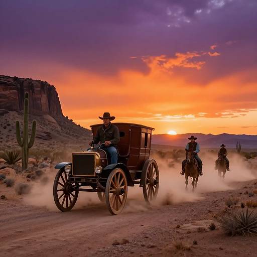Stagecoach and Cowboys at Sunset in Desert