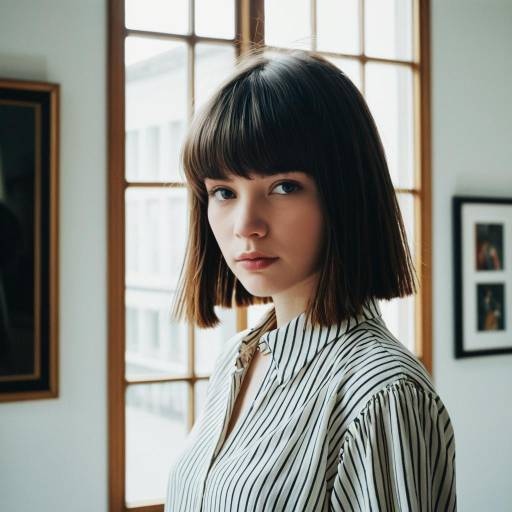 Young Woman with Angular Fringe Hairstyle in Art Gallery